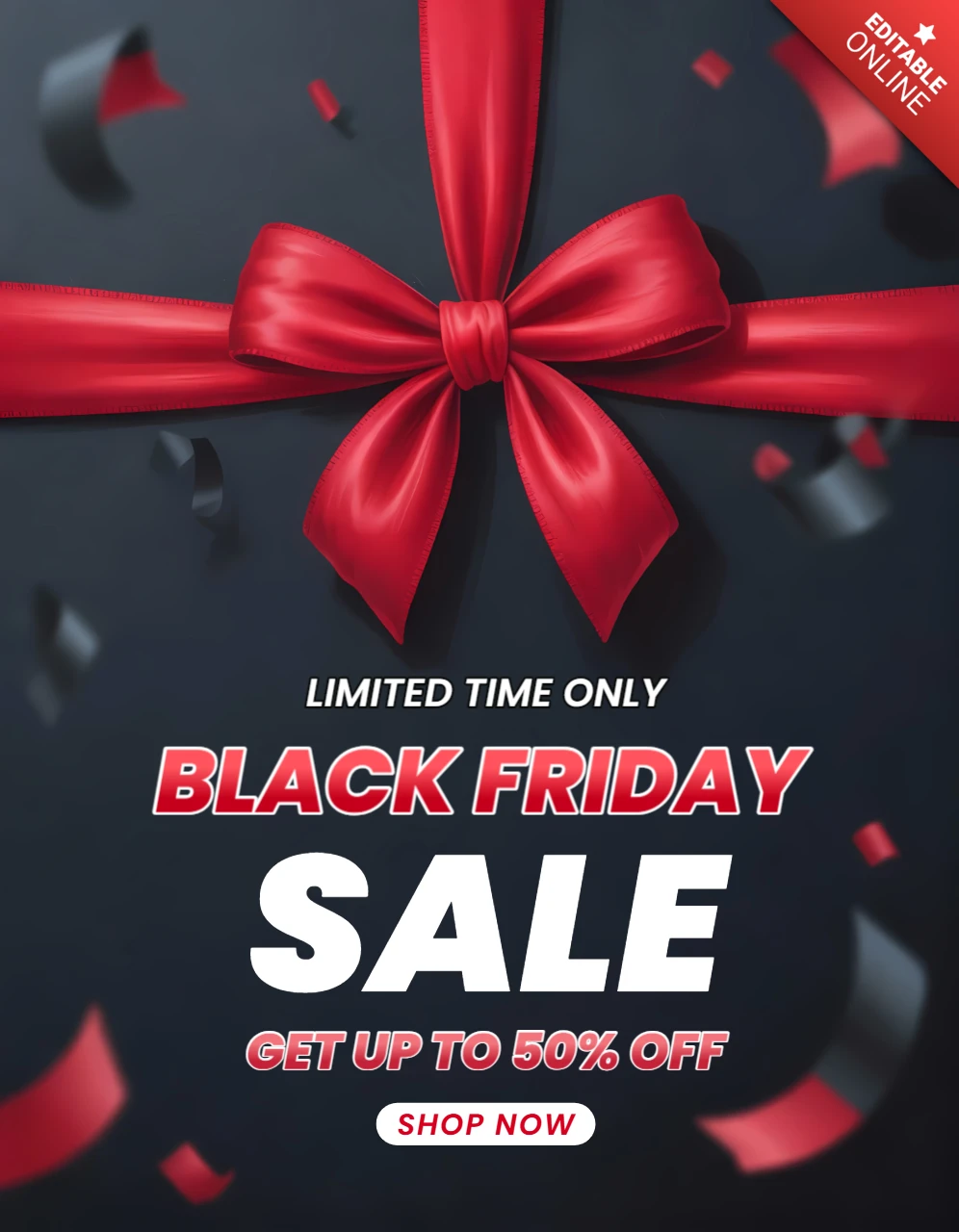 Design del template per la vendita del Black Friday con nastro rosso per volantino promozionale