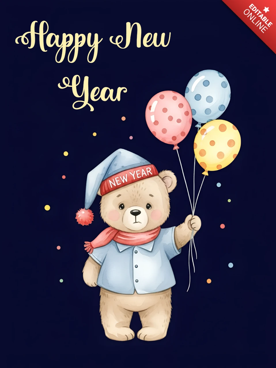 Editable New Year Bear Design Template for Greeting Cards