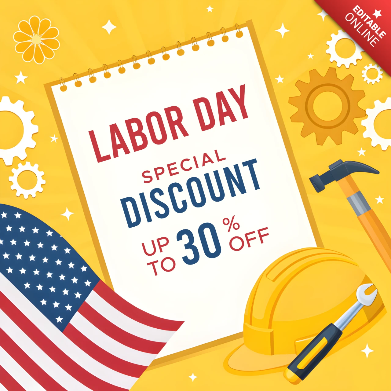 Modelo de desconto para o Dia do Trabalho: design vibrante e divertido para promoções