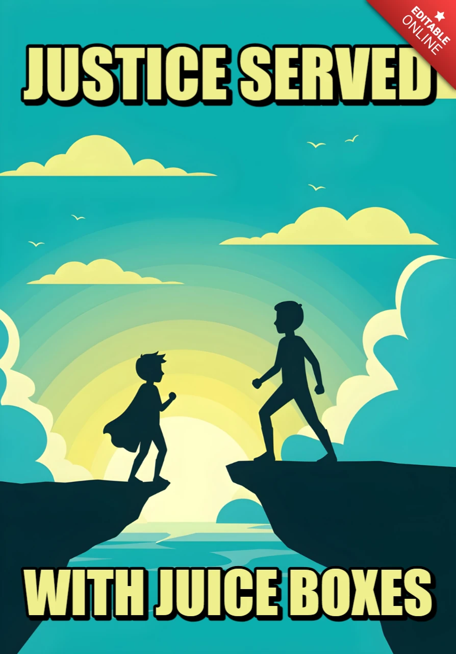 Justice servie avec des cartons de jus silhouette d'une scène de falaise avec un modèle de design de poster ludique.