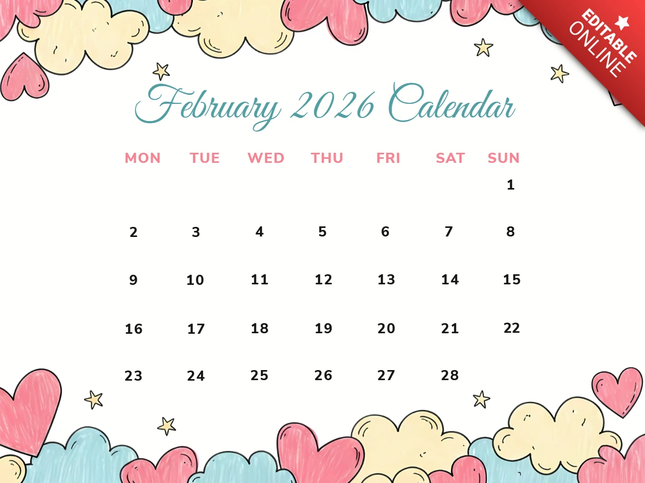 Plantilla de calendario con diseño de corazón y nube caprichosos para febrero de 2026.