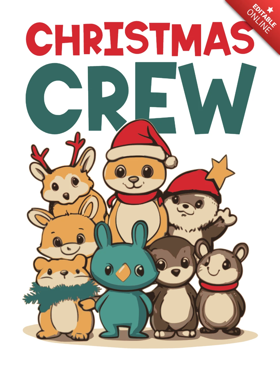クリスマスクルーかわいい動物マンガデザインのホリデーアパレルテンプレート