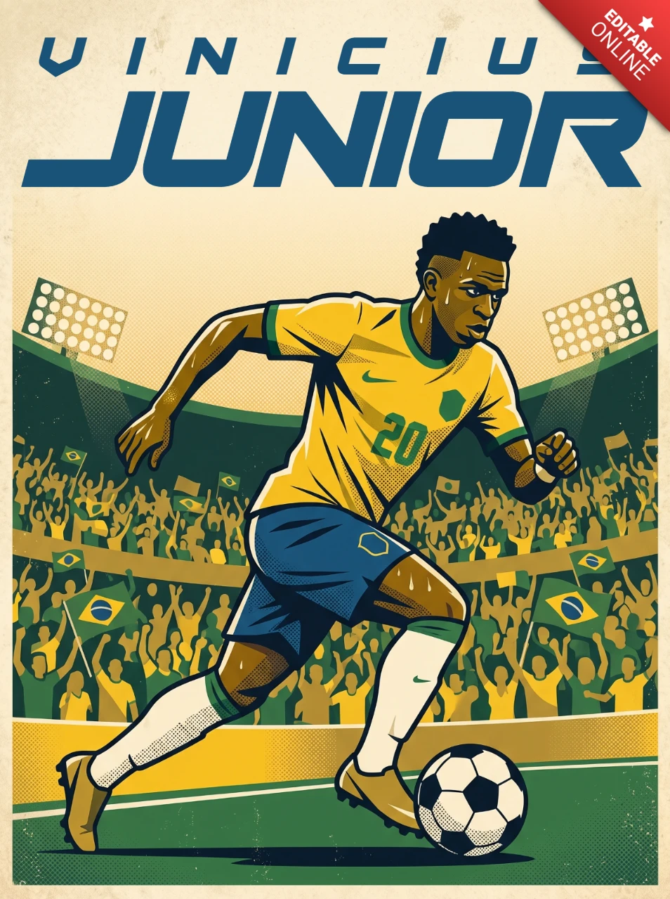 Vinicius Junior Vintage Retro Brazil National Team Soccer Star Dribbling Stadium Fans Poster Design 2026