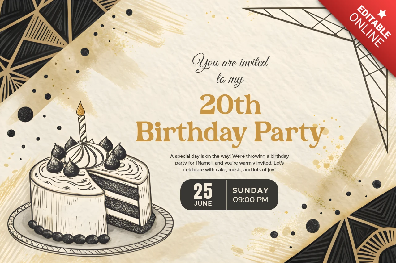Modelo de convite para festa de aniversário com tema geométrico editável