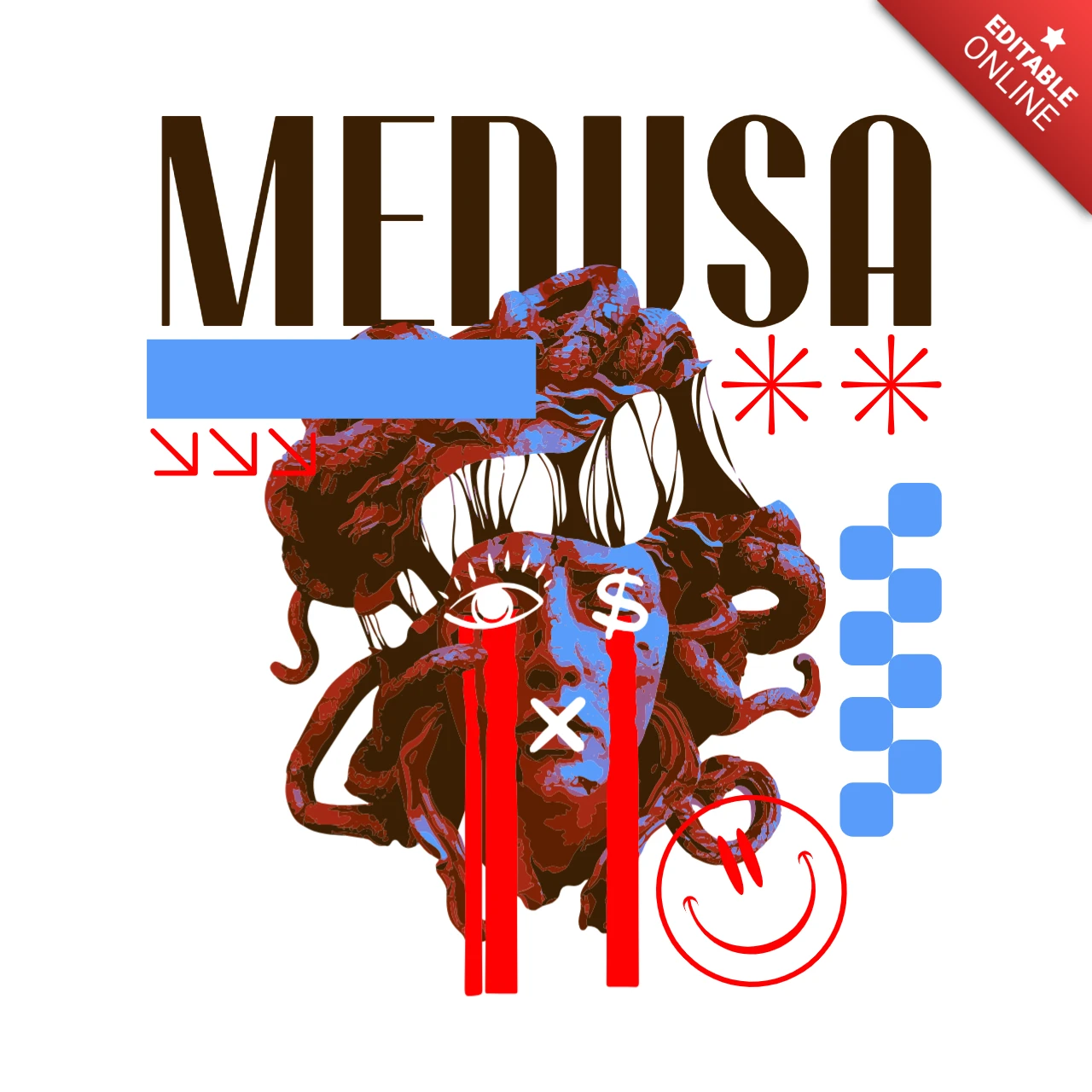 Mythical Medusa Tee Eye, Dollar Sign & Cross Symbolism in Streetwear T-Shirt Design Template