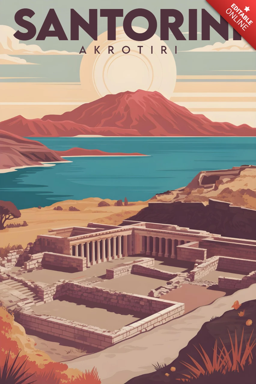 Akrotiri-Ruinen mit Küstenblick und dramatischem Himmel Santorini Reiseplakate Designvorlage