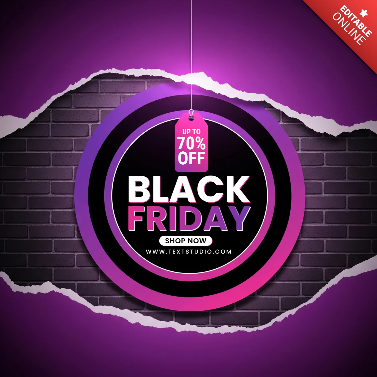 Affiche du Black Friday cercle dégradé violet et rose avec papier déchiré révélant un message de vente lumineux modèle de conception pour promotionnel