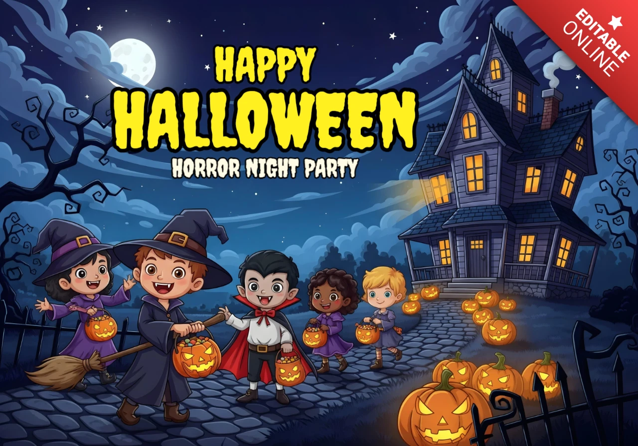 Nuit d'Halloween au clair de lune, enfants faisant du porte-à-porte avec des citrouilles et modèle de design de maison hantée pour des flyers festifs.