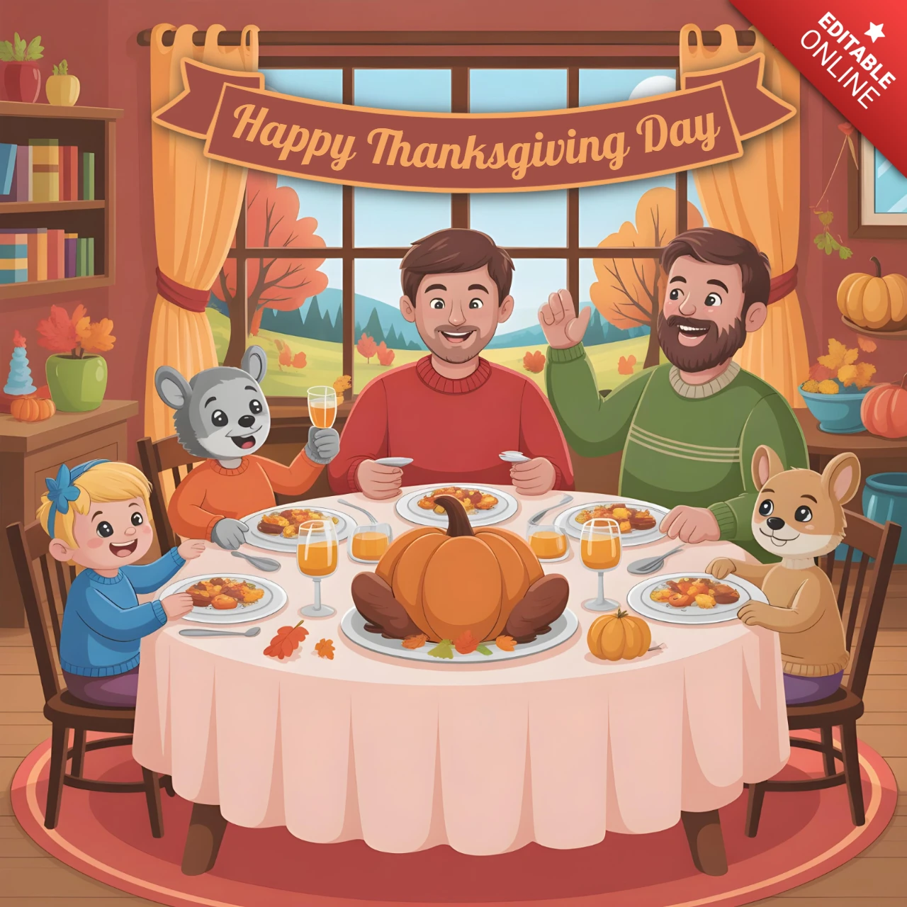 Tarjeta de felicitación de Acción de Gracias, caricatura de familia y amigos animales compartiendo un festín con decoración de calabaza y vista de ventana otoñal, plantilla de diseño de banner.