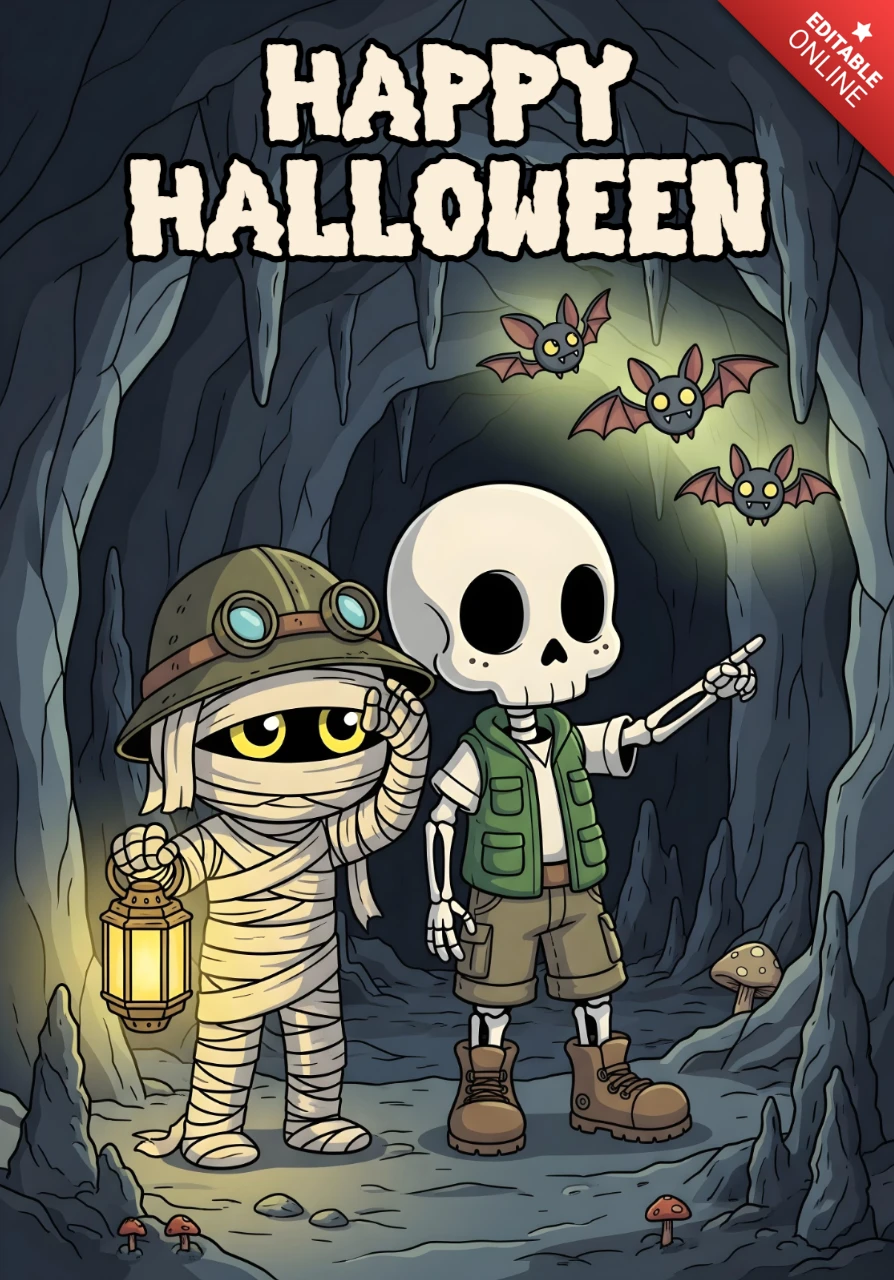 Esqueleto de cartoon e múmia de Halloween em caverna assombrada com morcegos e design de lanterna brilhante para folhetos festivos.