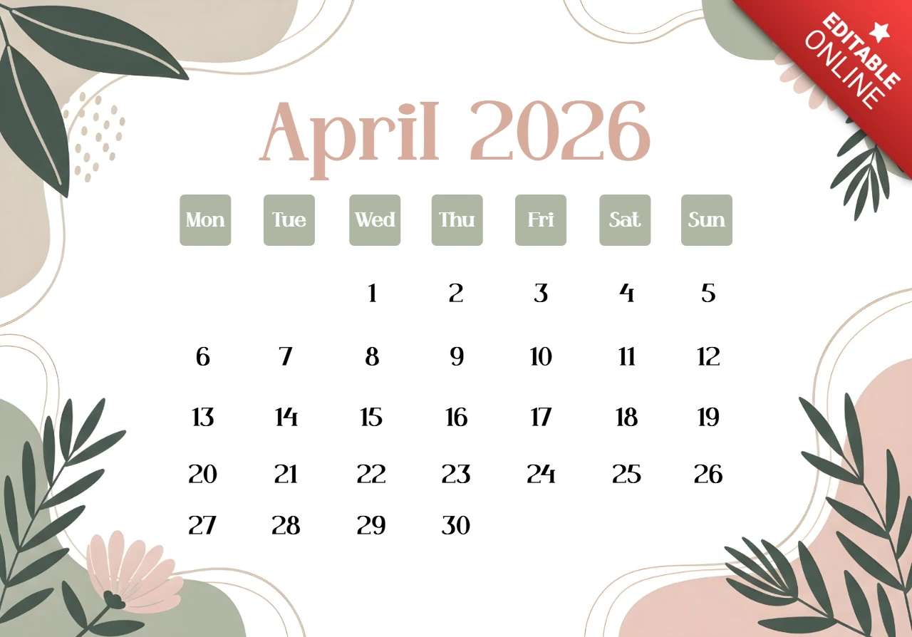 Nisan 2026 takvim posteri — pastel çiçekler, yeşil yapraklar, çiğ damlaları ve dekoratif çiçekli çerçeve teması