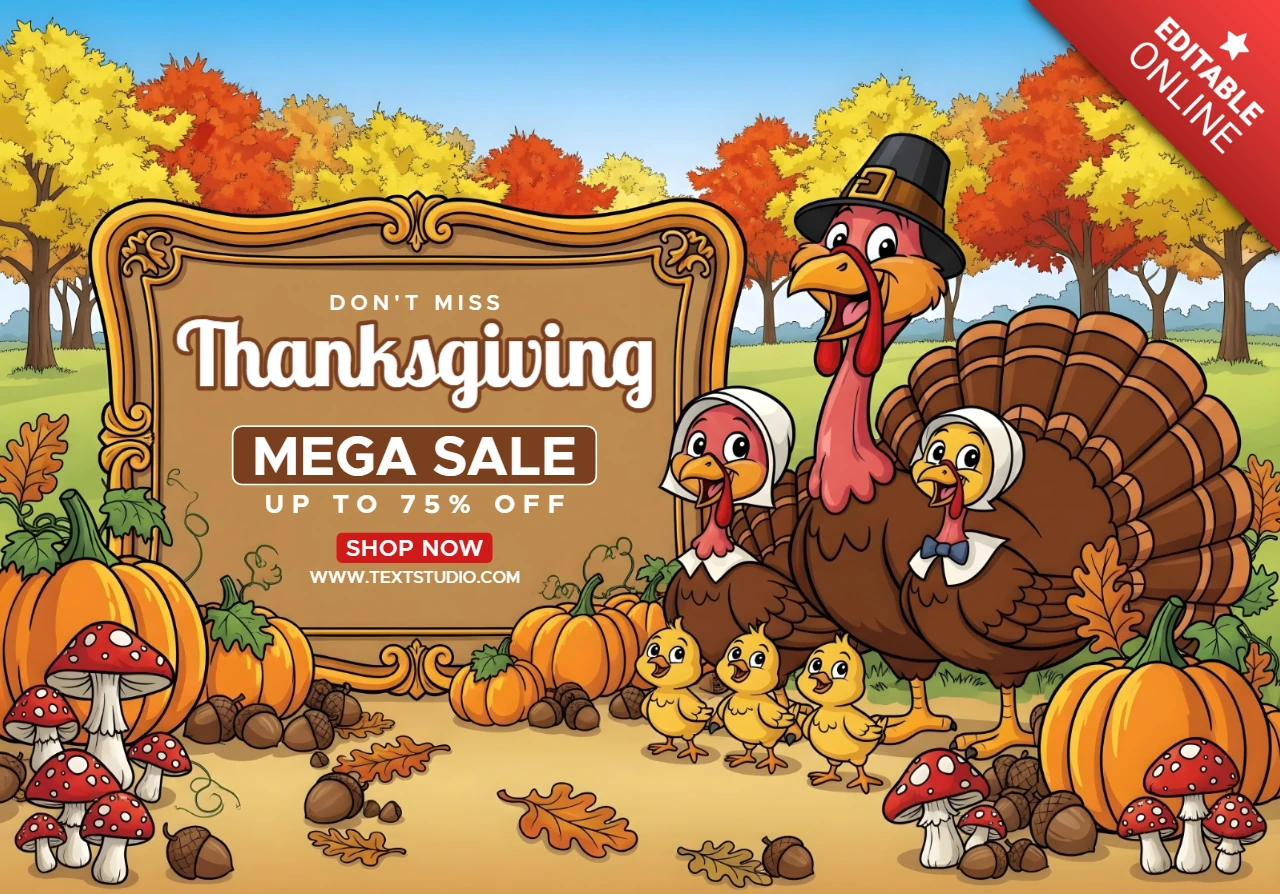 Thanksgiving-Verkauf Pilgertruthahn mit Küken & Herbstdeko Werbeverkaufsbanner-Designvorlage