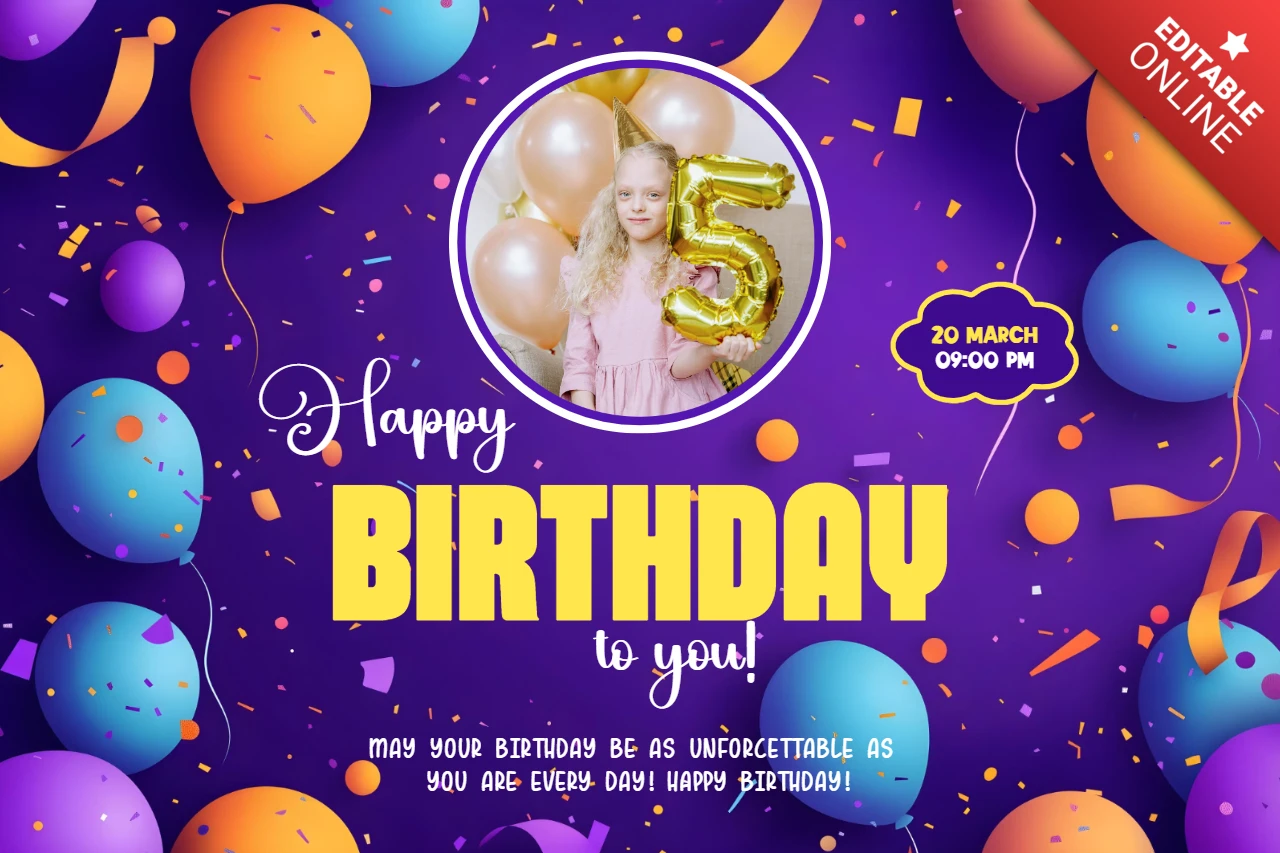 Modèle de carte d'anniversaire avec ballons violets