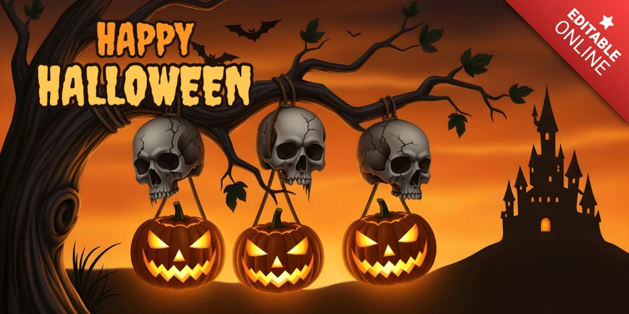 Template de design de capa do YouTube de Halloween com caveiras, abóboras, cordas penduradas e cena de floresta gótica.