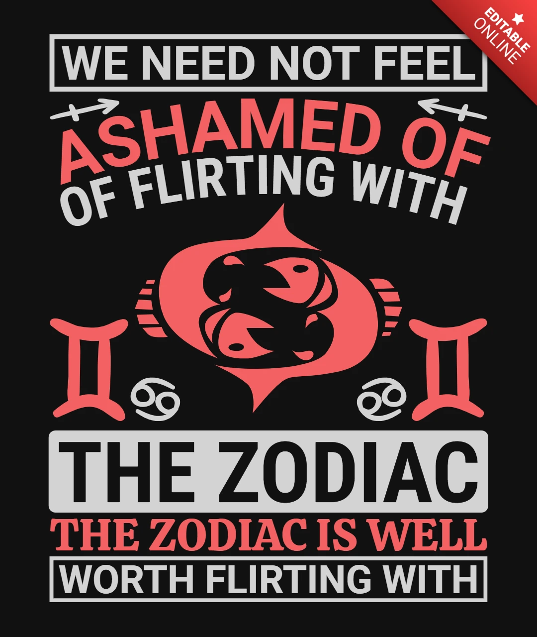 Modelo de design de camiseta com citação de paquera do zodíaco com símbolos de peixes, gêmeos e câncer