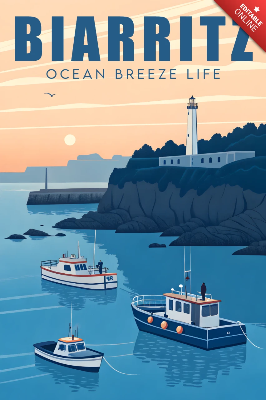 Template de design vintage costeiro para pôster da vida à beira-mar de Biarritz