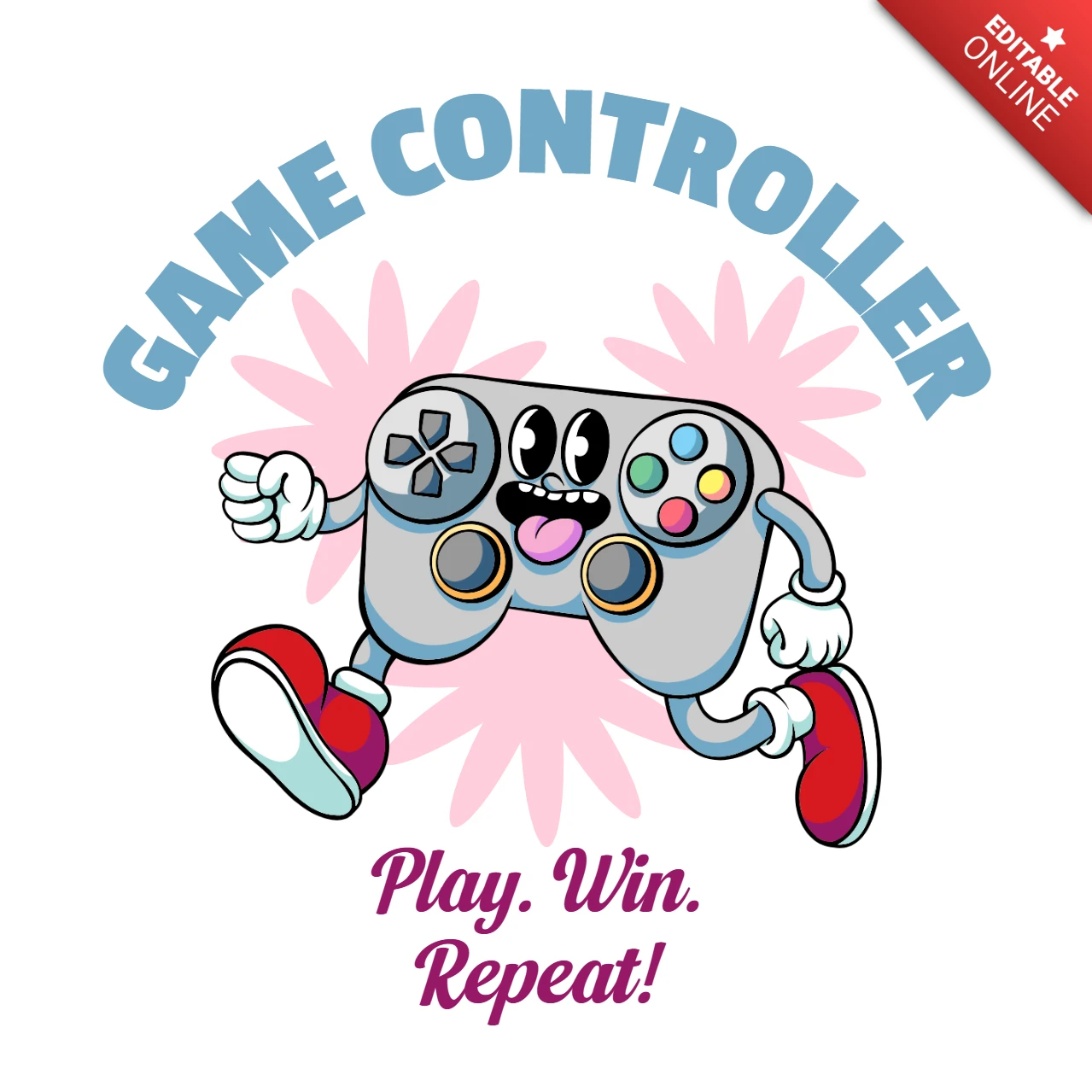 Play, Win, Repeat! Energetic Game Controller Character T-Shirt Design Template