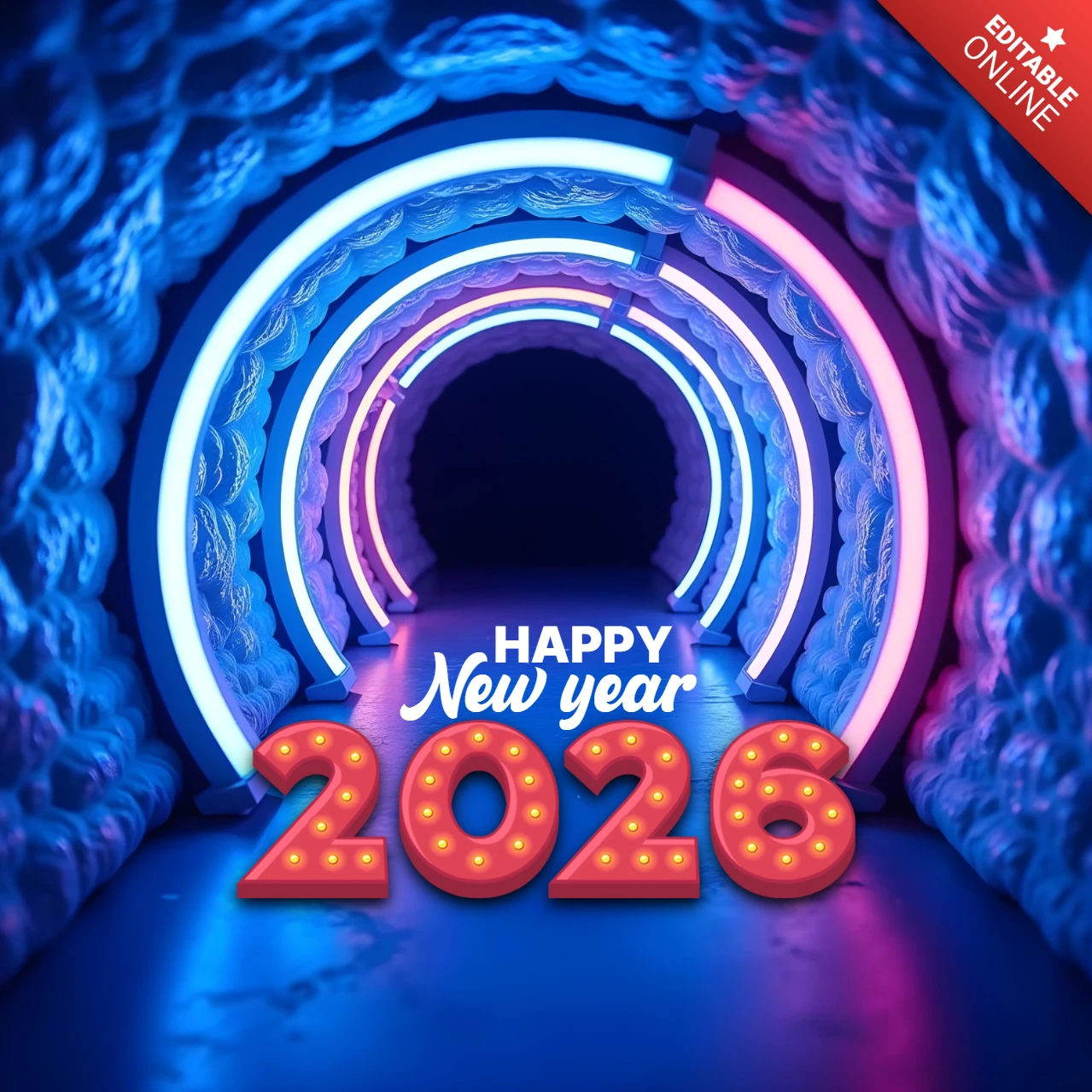 Feliz año nuevo 2026 neón túnel plantilla de diseño
