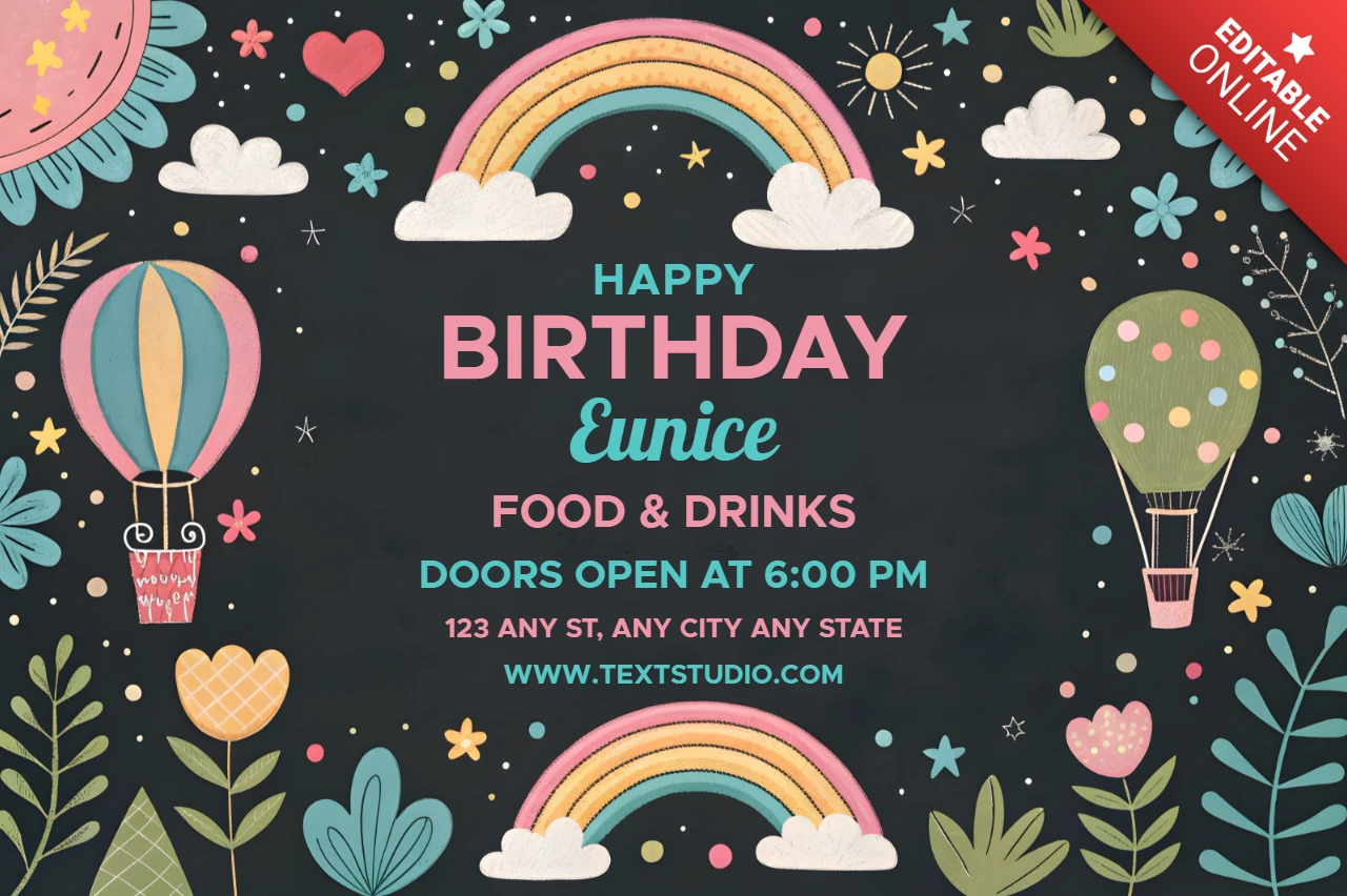 Whimsical Birthday Party Invitation Template Design with Colorful Balloons and Rainbows