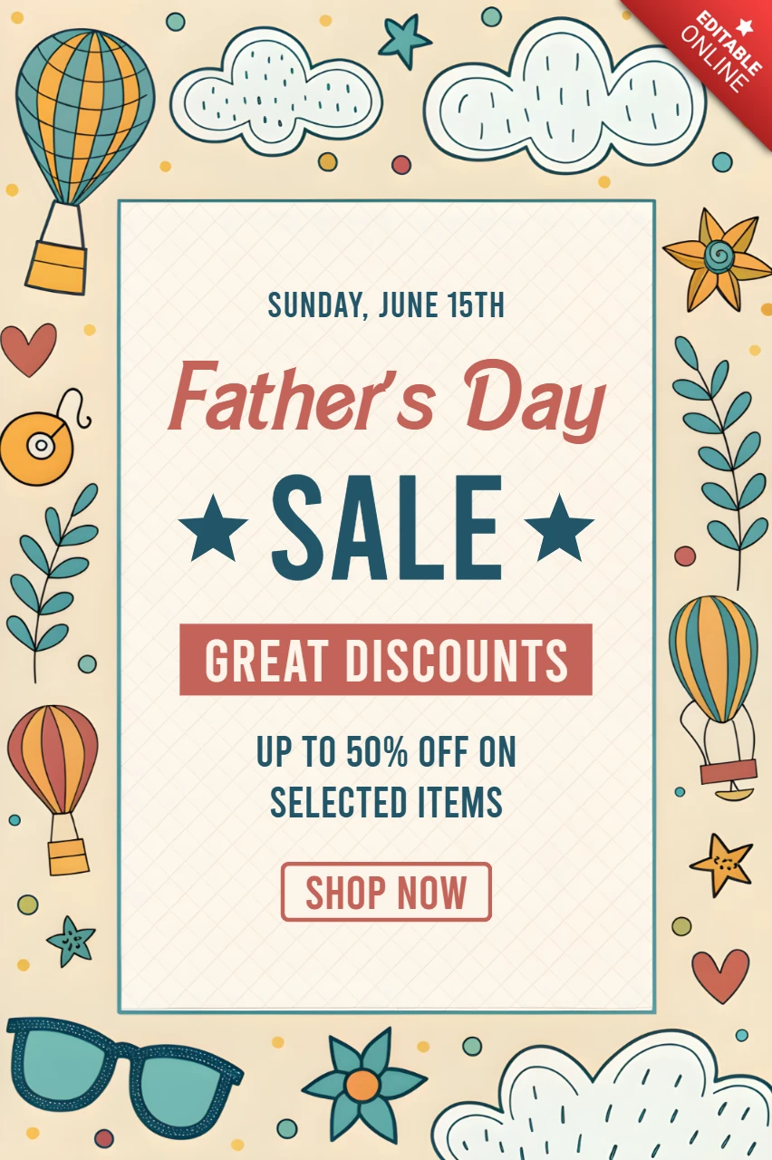 Whimsical Father's Day Sale Template Design with Hot Air Balloons and Floral Accents