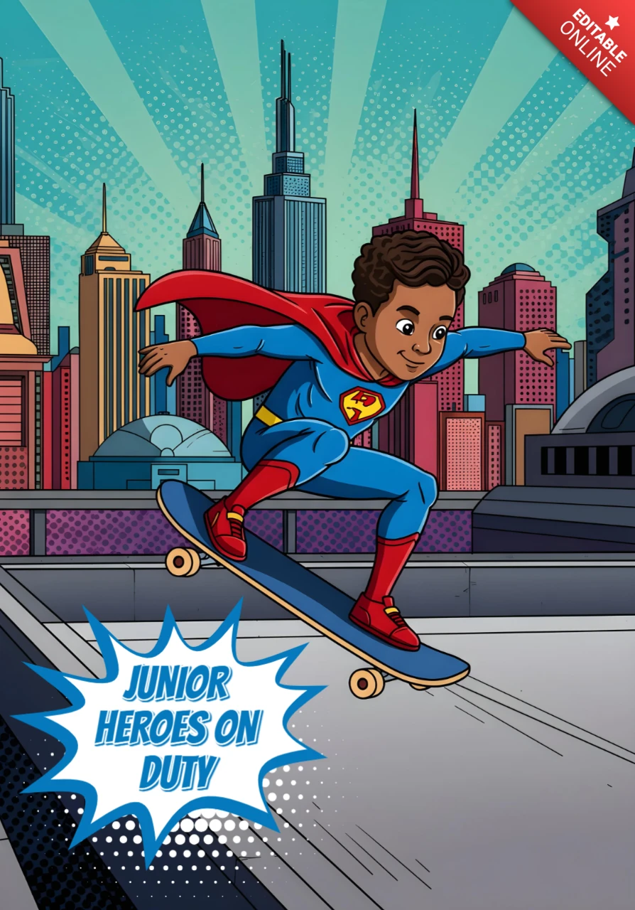 Junior-Helden im Einsatz Skateboard-Superkind im Stadtbild Poster-Design-Vorlage
