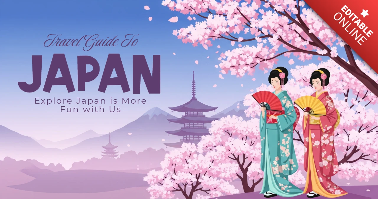 Guia de viagem ao Japão pôster mulheres vestidas em quimono, flores de cerejeira e monte Fuji em design cênico de primavera