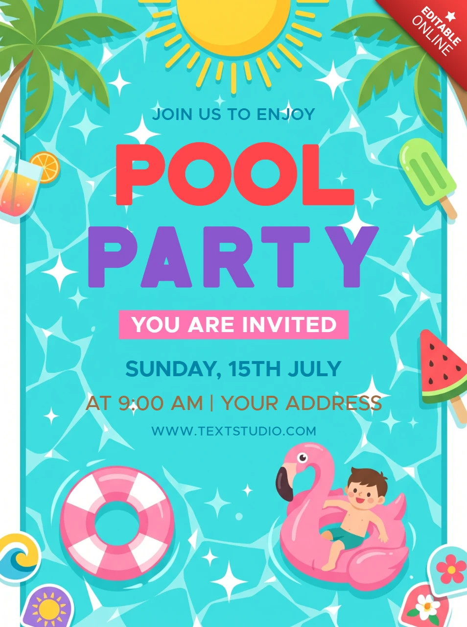 Summer pool party invitation card design with bright sunshine palm trees and floating flamingo floatie