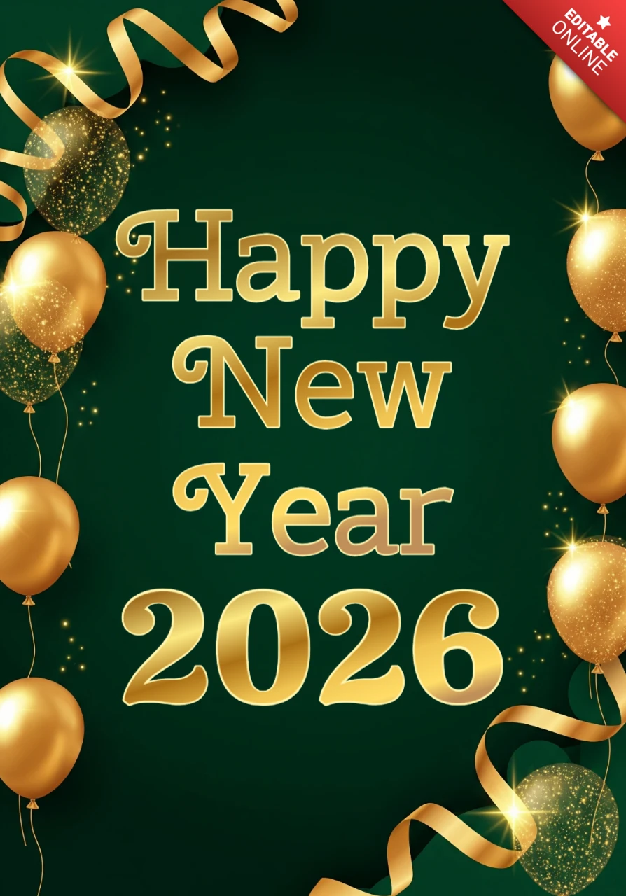 2026年のエレガントな新年カードテンプレート、きらめく装飾と大胆な祝賀のテキスト付き