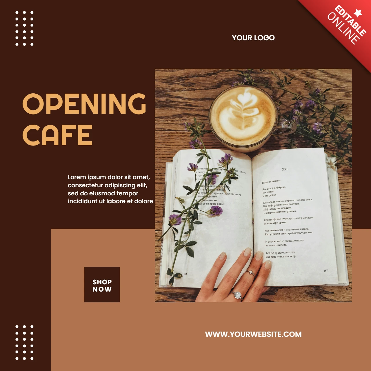 Plantilla de diseño de post promocional de apertura de cafetería barista en redes sociales