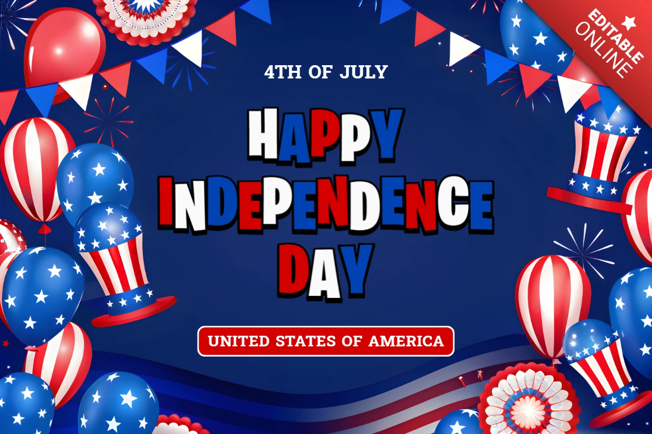 Plantilla de diseño para la celebración del día de la independencia del 4 de julio con globos y sombreros.