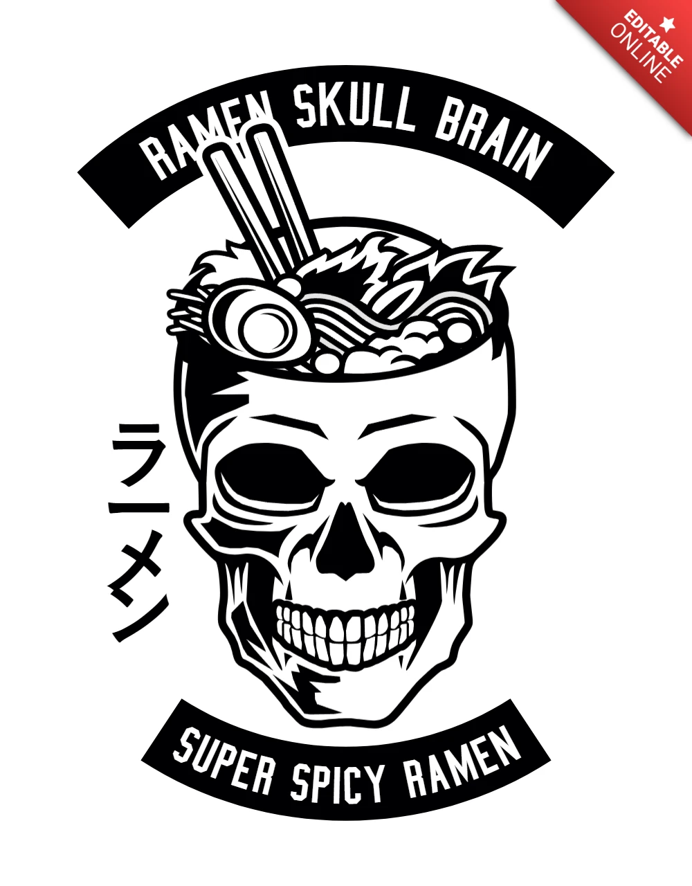 ラーメンの頭蓋骨の脳のTシャツのデザインテンプレート