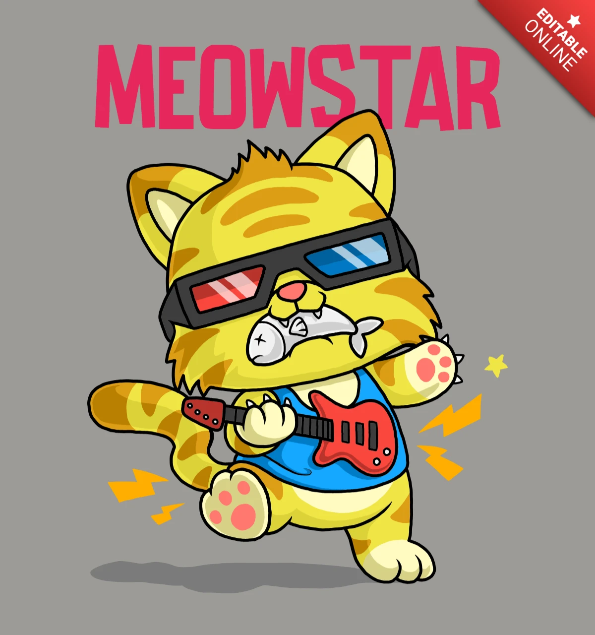 Meowstar gato naranja banda de rock de diseño para la impresión de camisetas