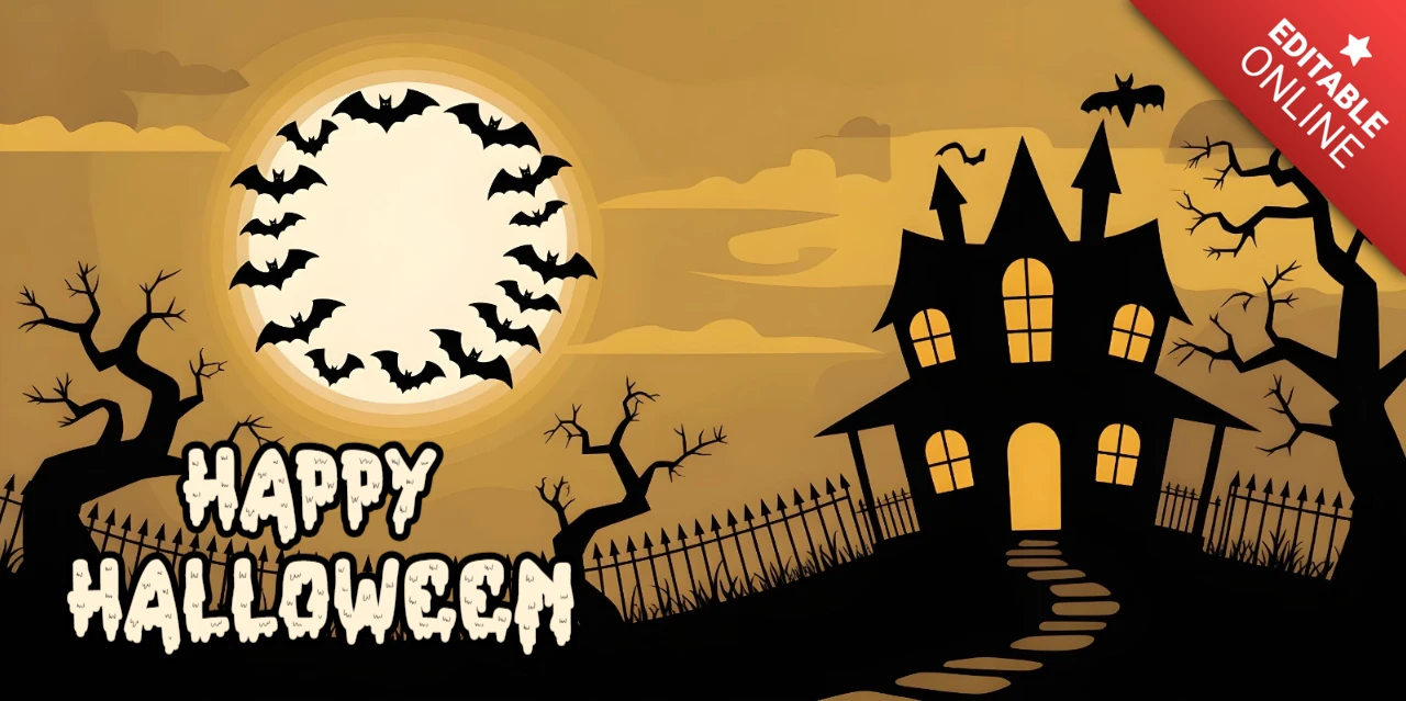 Halloween-Friedhof orange-brauner Dämmerung, Fledermäuse & gespenstische Atmosphäre Facebook-Cover-Designvorlage