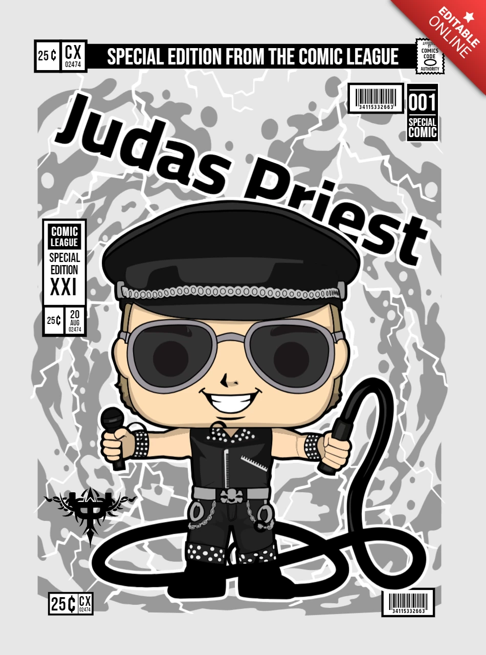 Rob halford judas priest cartoon character magazine cover design template