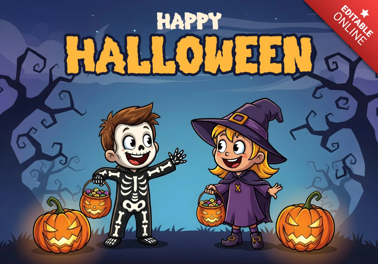 Skeleton & Witch Kids with Candy Buckets Under Starry Sky Halloween Party Design Template for Festive Flyers
