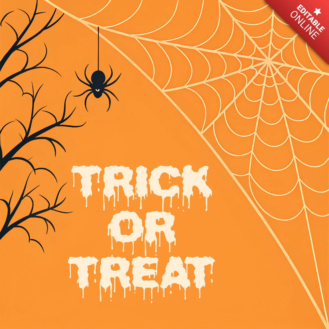 Design laranja de Halloween assustador com aranha e teia para cartão de saudação e modelo de merchandising