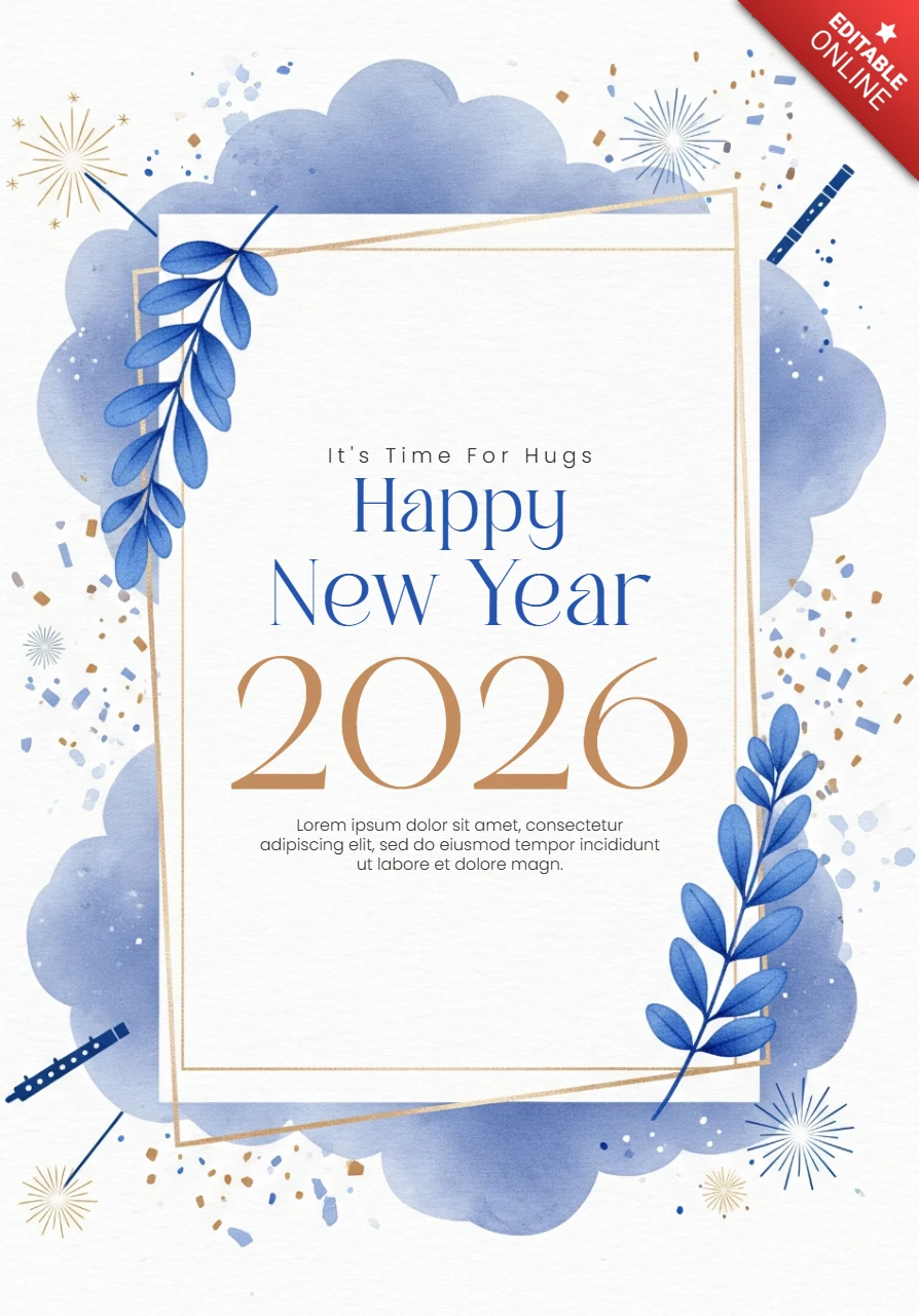 New Year Greeting Template Festive 2026 Design with Confetti, Stars, and Elegant Botanical Details