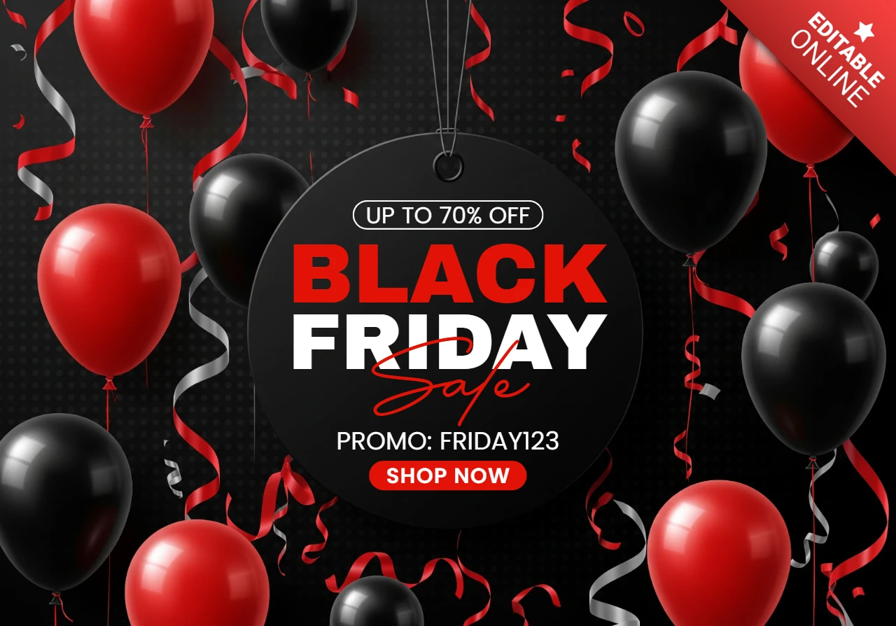 Pôster estiloso de Black Friday com fundo escuro, etiqueta pendurada, balões e acentos de fita, modelo de design de venda para promoção.