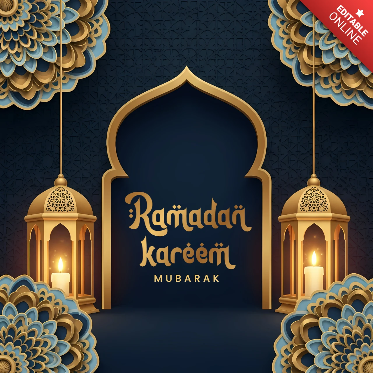 Template di Ramadan kareem con lanterne e design floreale per biglietti d'auguri