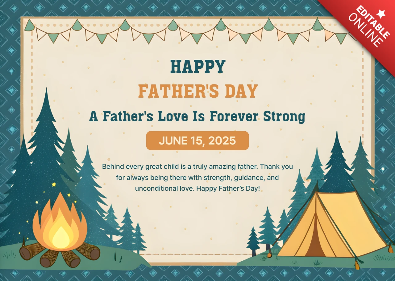 Camping Themed Father's Day Design Template with Tent and Campfire