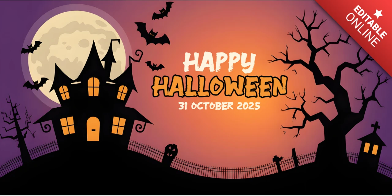 Template de design de capa do Facebook de casa assombrada de Halloween com lua cheia, árvores retorcidas e cena de cemitério.