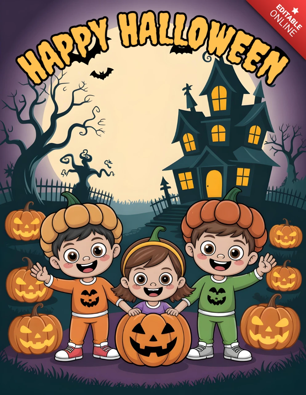Póster de noche de Halloween con niños en disfraces de calabaza, casa embrujada y diseño de linternas brillantes para volantes festivos.