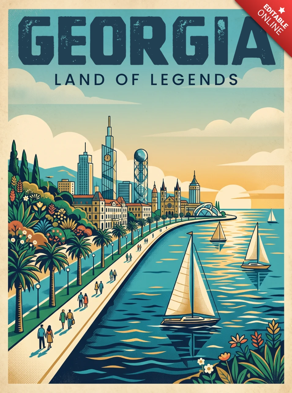 Vintage Retro Georgia Travel Wall Art Print Land of Legends Poster Coastal Cityscape Palm Trees Sailboats Modern Historic Architecture Adventure Landscape