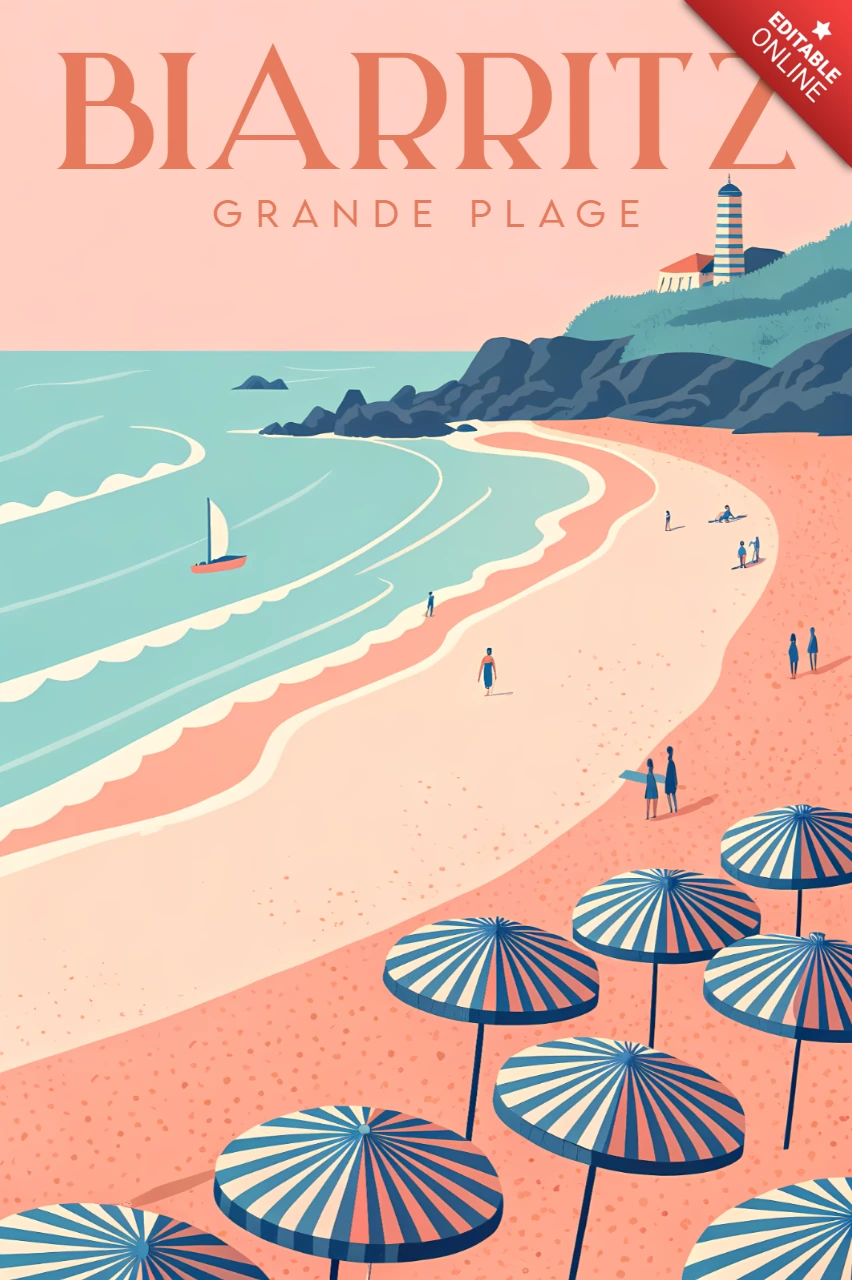 Retro-Flachstrand-Designvorlage für Reiseposter mit der Küste von Biarritz