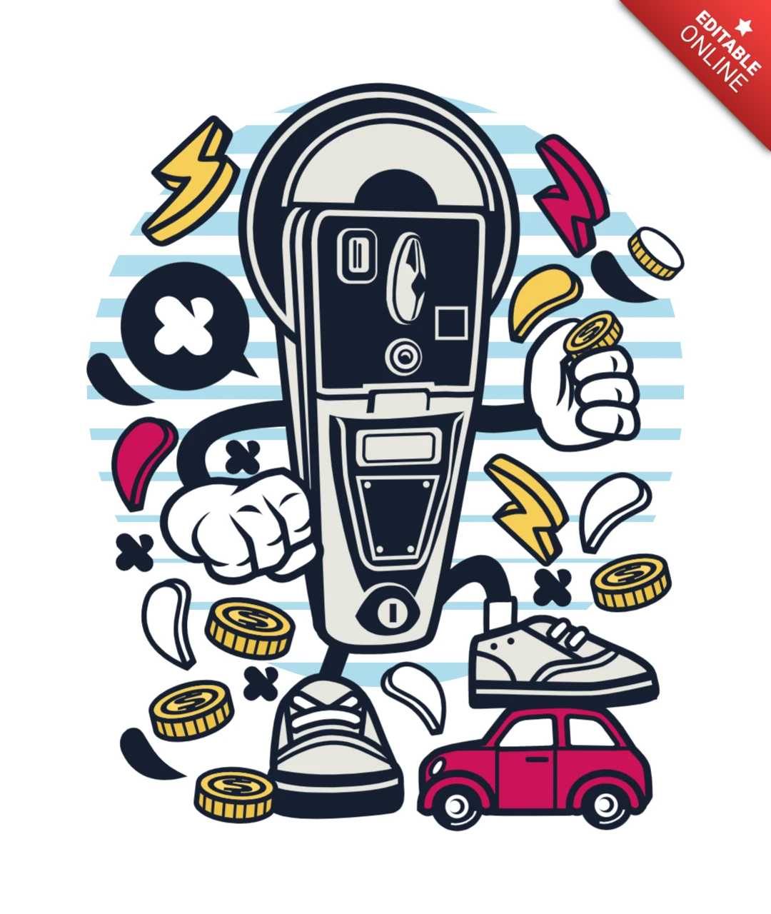 T-Shirt-Designvorlage für Parkuhr-Cartoon-Charaktere