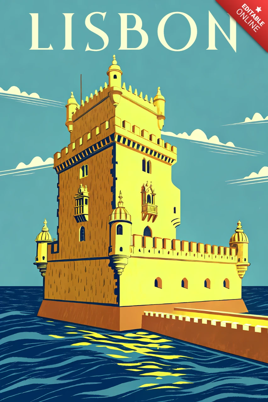 Lisbon Tower Vintage Design Template for Travel Poster