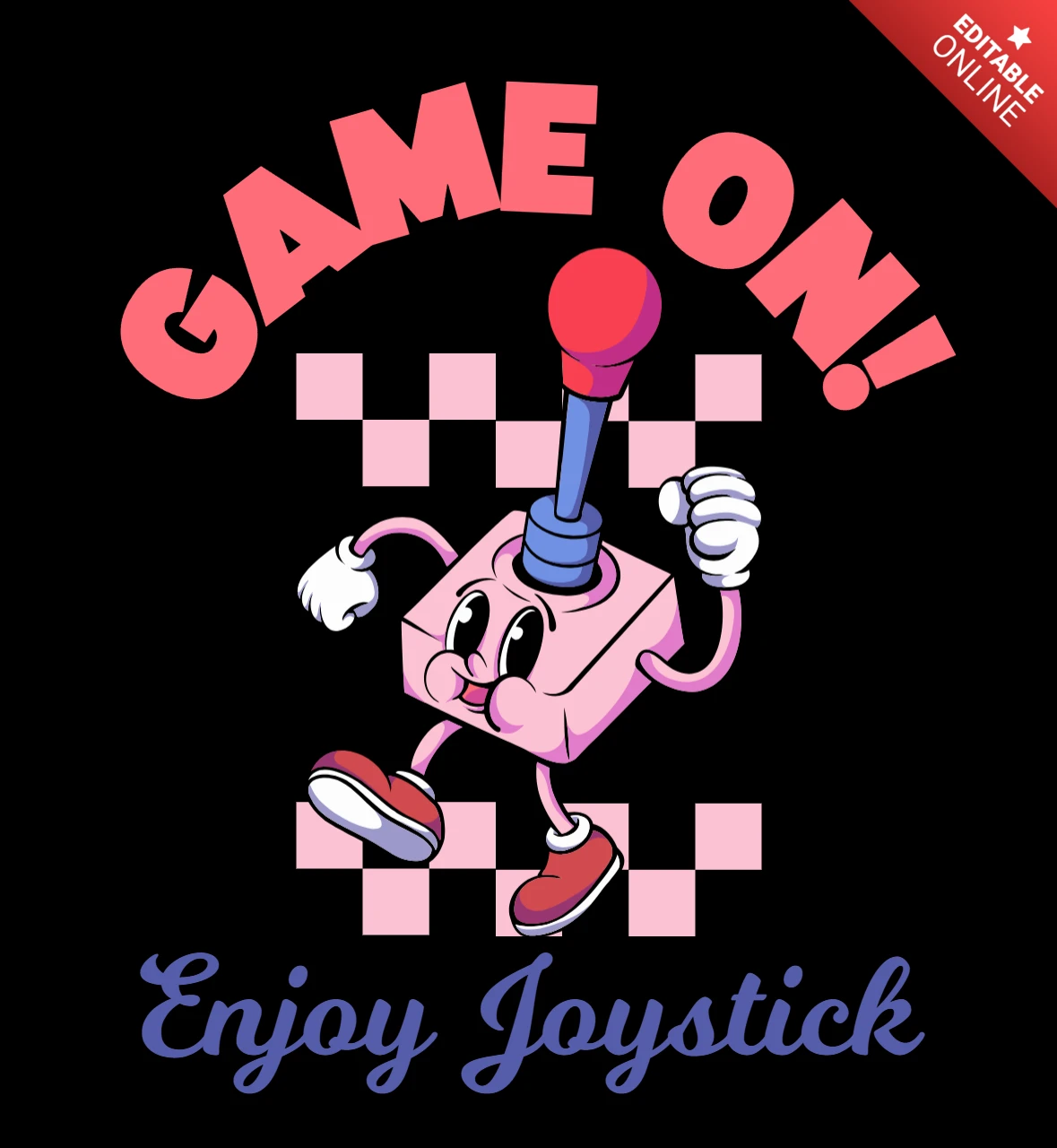 ゲームスタート！レトロゲームの楽しさをもたらす遊び心あふれるジョイスティックキャラクターのTシャツデザインテンプレート