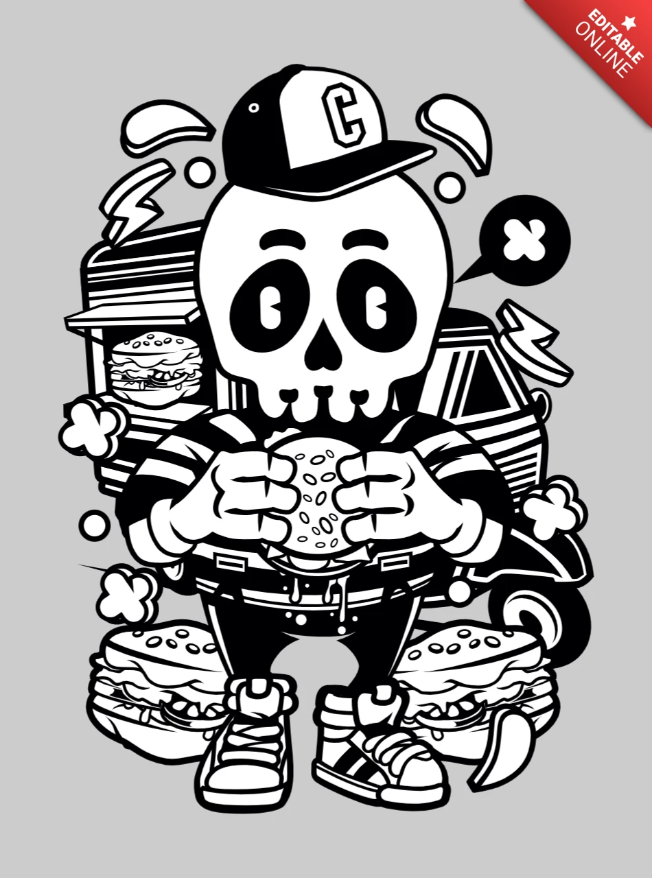 Totenkopf-Burger-Cartoon-Charakter-Design-Vorlage