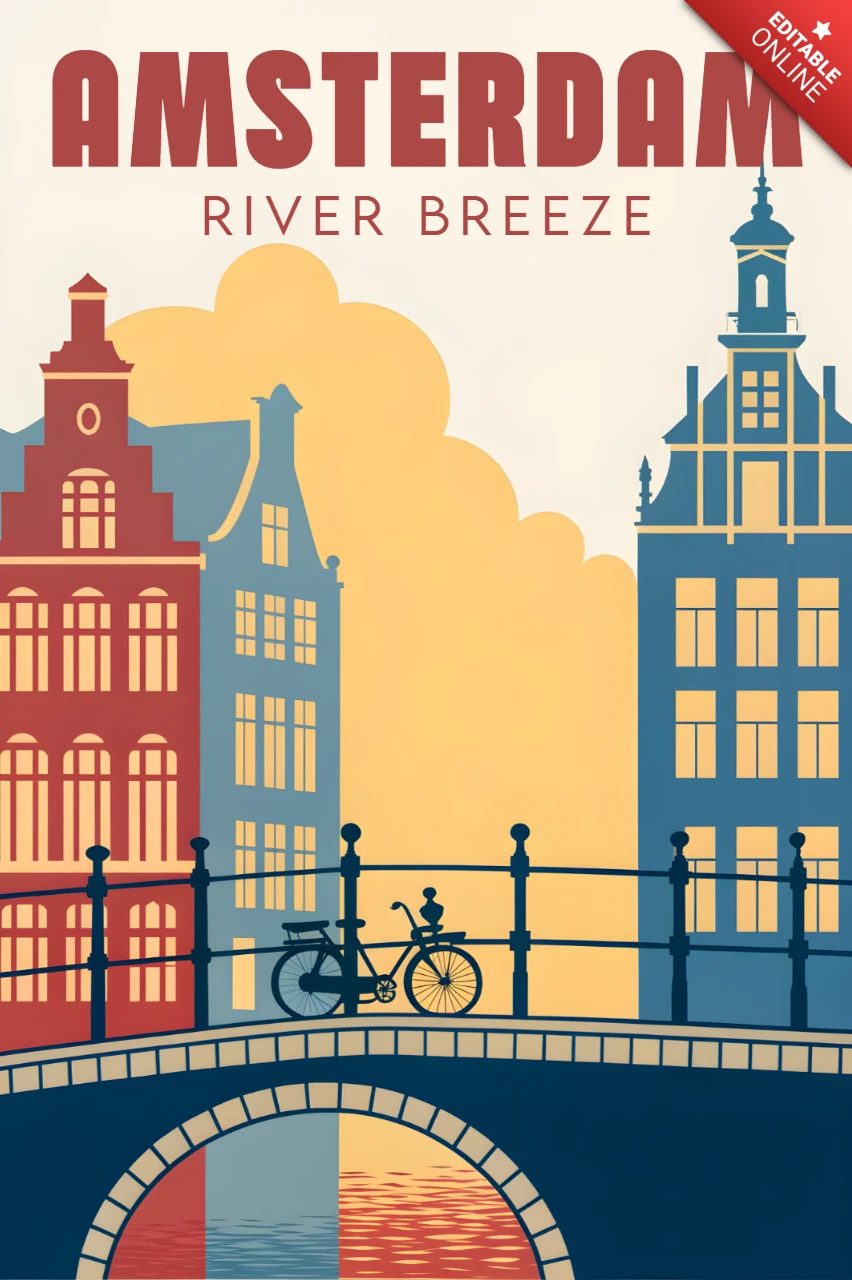 Modèle de design rétro de l'Amsterdam avec une brise fluviale pour des affiches de voyage.
