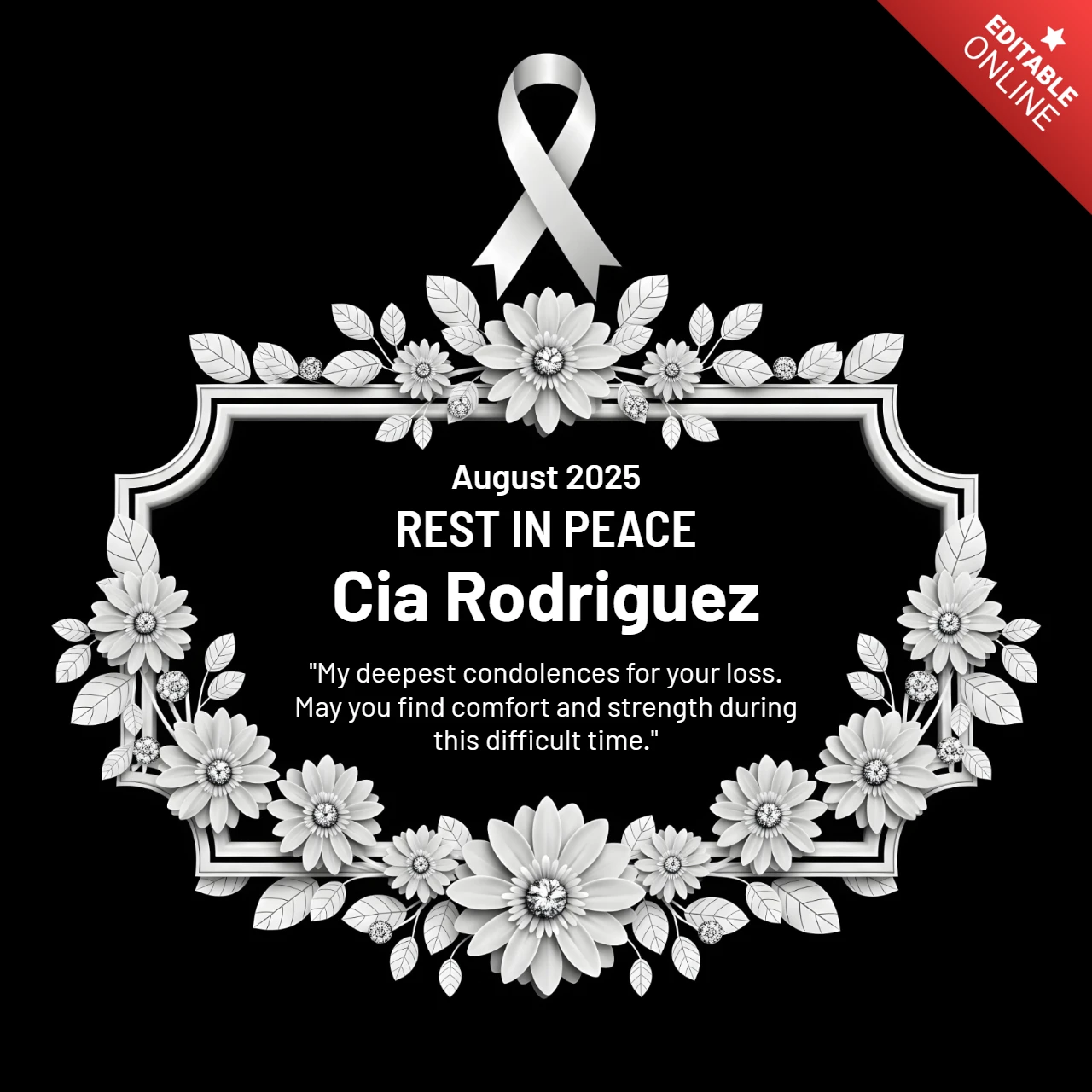 Design del poster memoriale Riposa in Pace con nastro bianco e modello di testo tributo completo
